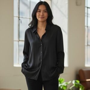 Vicolo Women's Striped Black Button Down Satin Shirt